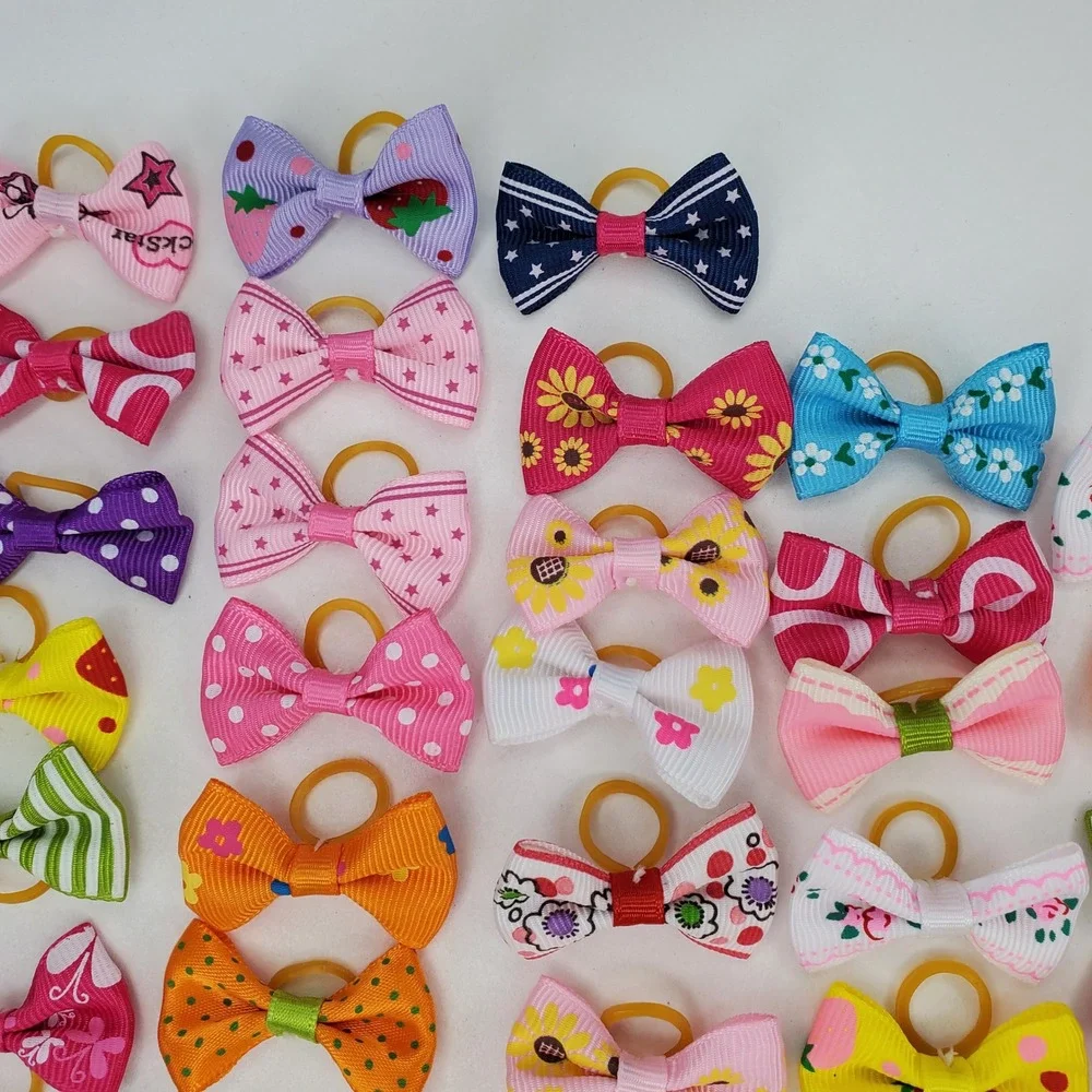 50pc Bulk Lot Mini Grosgrain Ribbon Hair Bows Small Elastic Bands Pet Grooming